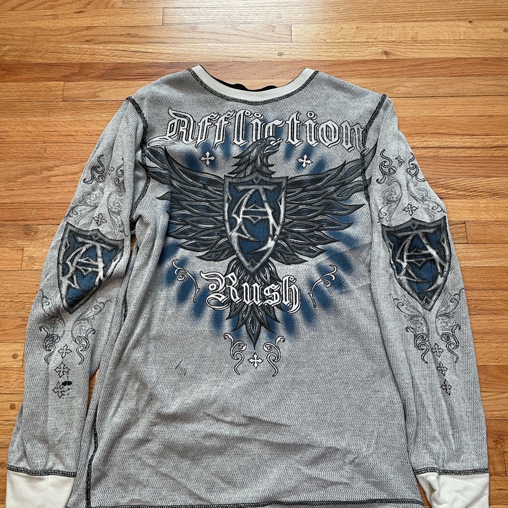 George “Rush” St-Pierre REVERSIBLE Affliction Gray Long Sleeve Tee 2 shirts in 1